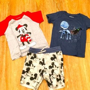 Two Holiday Tees & Mickey Fleece Shorts, Size 3T